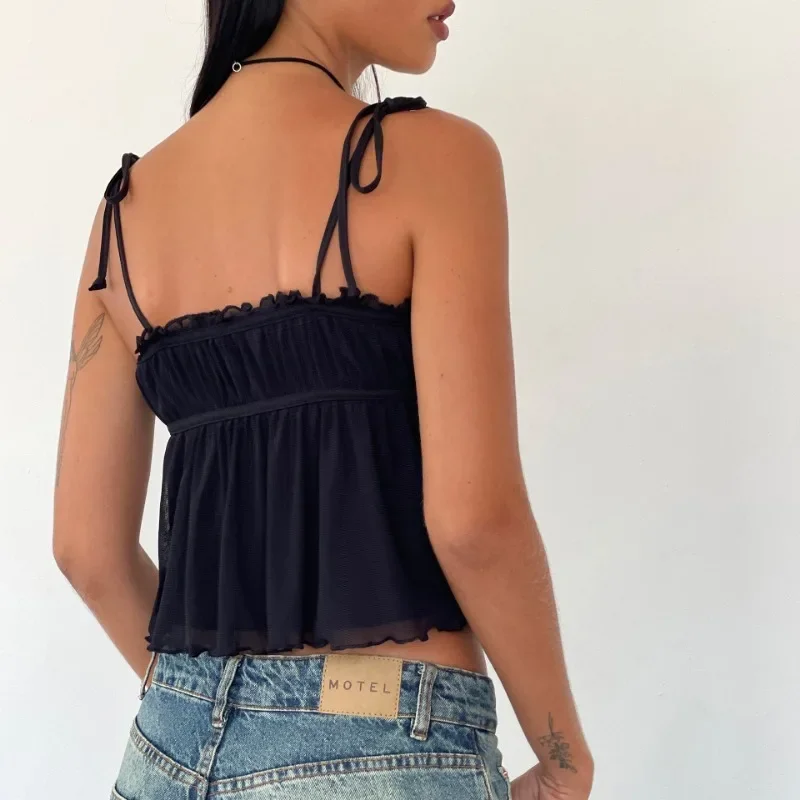 Fashionable Retro Women's Ruffled Edge Patchwork Sleeveless Lace Up Vest with Bow and Pleated Summer Mini Vest Party Top YDL11