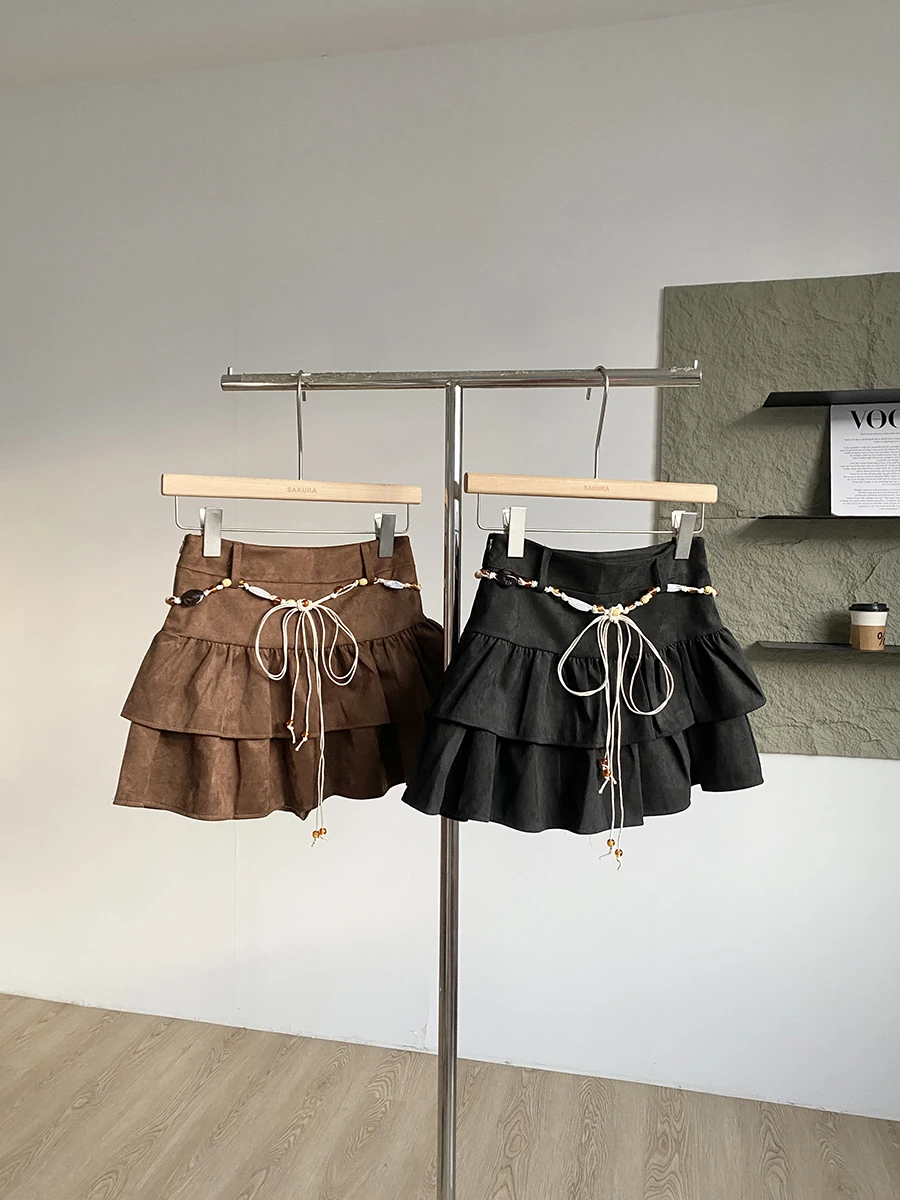 

Women's Autumn Winter Vintage Layered Ruffled Cake Skirt Lady Streetwear High Waist Solid Color A Line Suede Mini Skirt