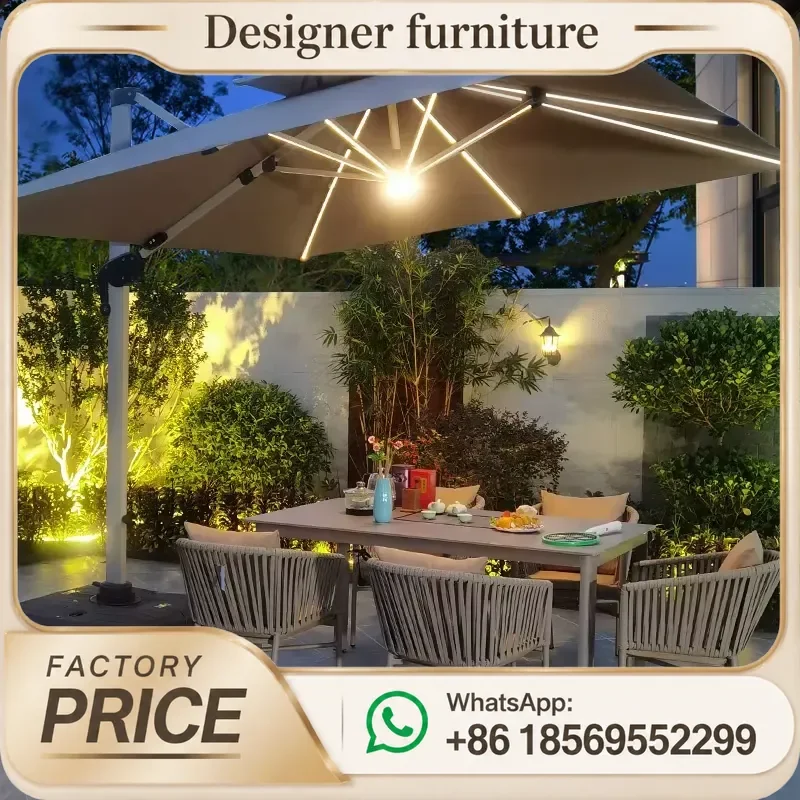 Double Diagonal Pull Rod Outdoor Umbrella 3.5x3.5m Solar Powered LED Light USB Port Large Patio Garden Shade Canopy