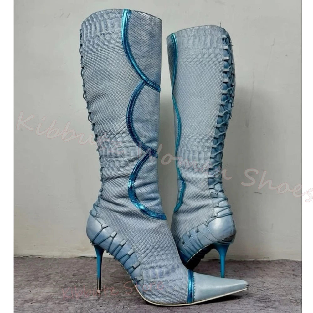 Boots Knee High Metallic Accents Women Fashion Lace Up Thin Heels Pointed Toe Stylish Leather Mixed Color Slip-On Elegant Sexy