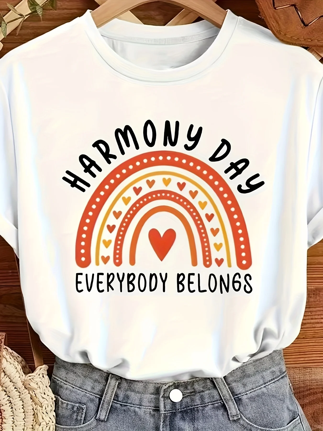 T-shirt Harmony Day pour femme, motif cœur arc-en-ciel, imprimé lettres « Tout le monde a sa place », mignon, décontracté, manches courtes, hauts d'été
