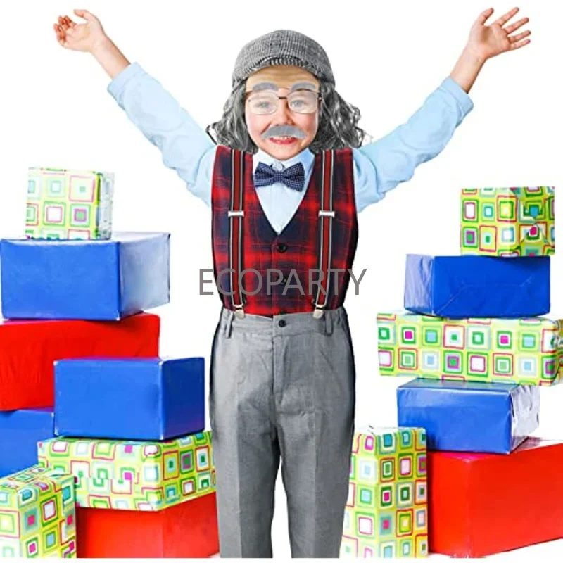 New Little Old Man Child's Costume Boys Old Man Costume for Boys Grandpa Vest Set Bow Tie Balding Pants for 100th Day of School