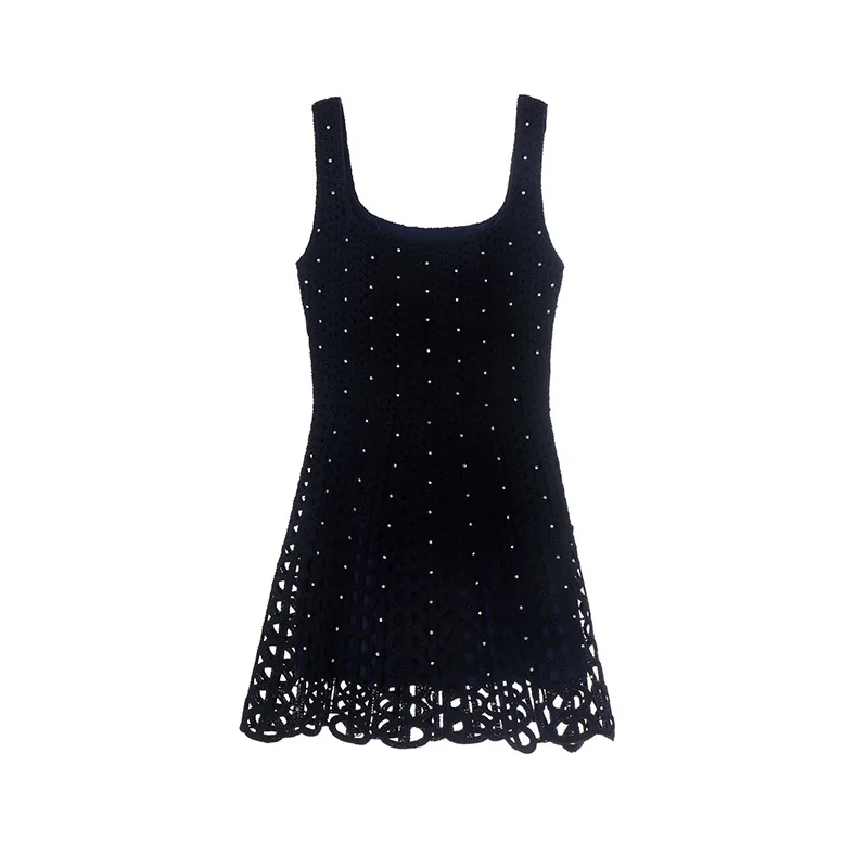 เสื้อกั๊กทรงสลิมฟิตถักสีน้ำเงินประดับด้วยงานหนักคอเหลี่ยมดีไซน์กลวงออกแฟชั่นฤดูร้อนผู้หญิงเอวสูงผ้าฝ้าย