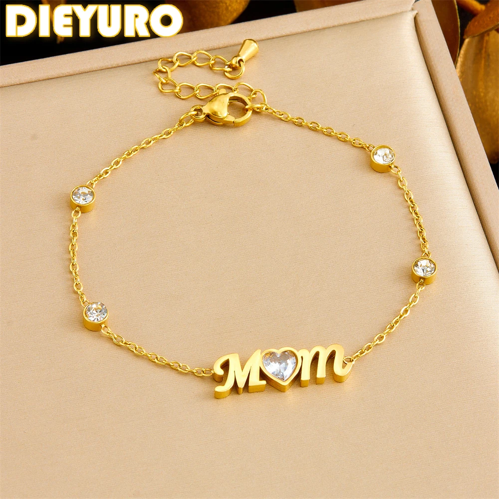 

DIEYURO 316L Stainless Steell Letter MOM Zircon Pendant Bracelet For Women New Fashion Hand Chain Jewelry Mother's Day Gift