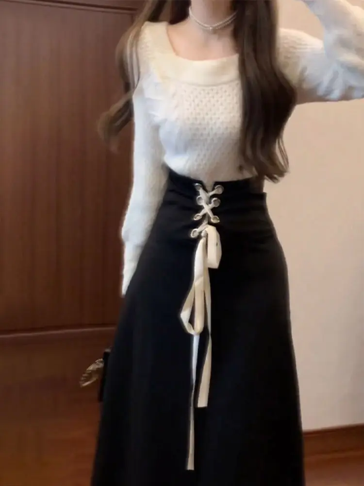 

French Elegant 2 Piece Skirt Set Solid Knitted Sweater Hig Waist Bandage Y2k Midi Skirt Slim Korean Fashion Skirt Set Woman