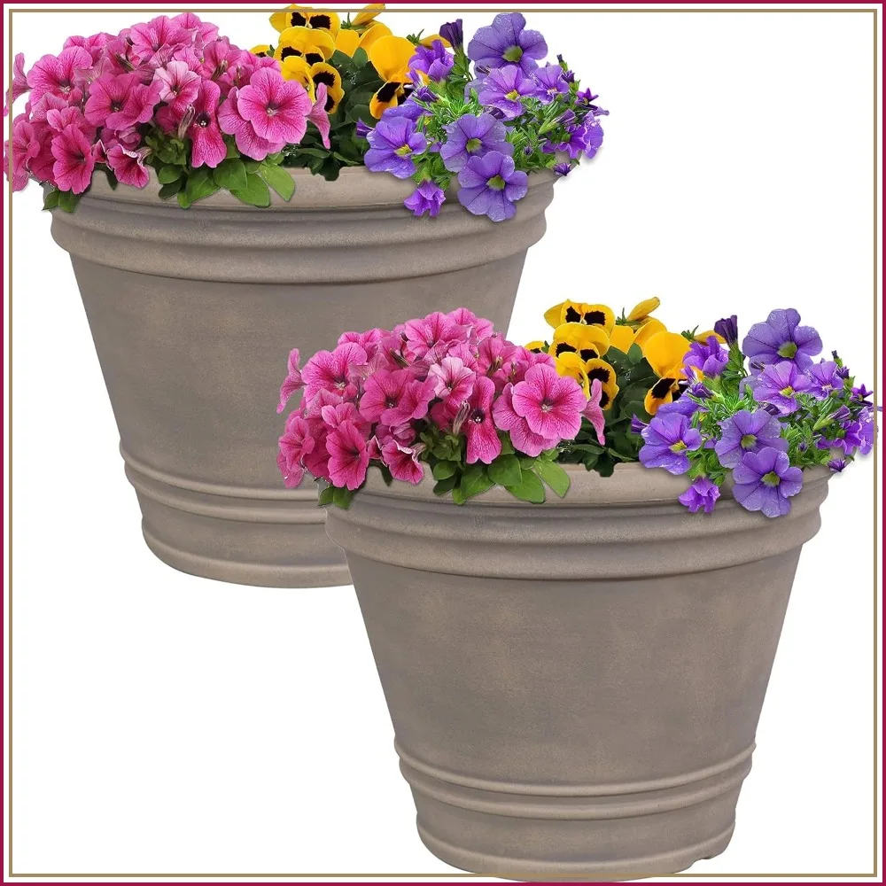 20in Large Plastic Planter Pot 2pk Beige Outdoor Indoor Garden Flower Container Drainage
