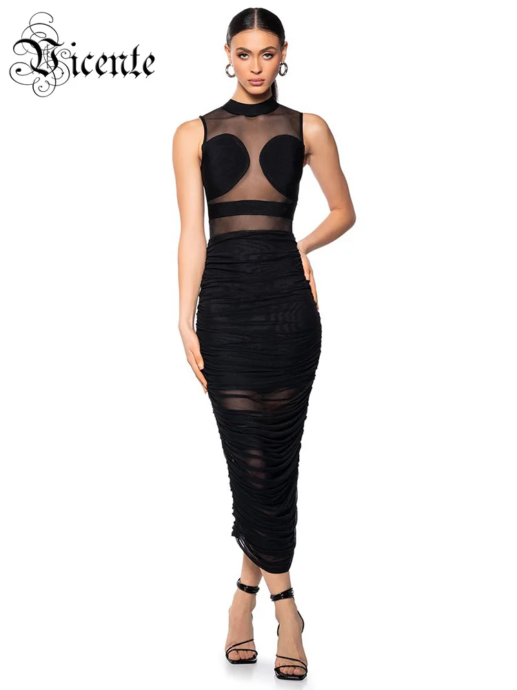 

VC Celebrity Party Dresses For Women Sexy See Through Mesh Patchwork Bodycon Black Bandage Draped Stretch Dress