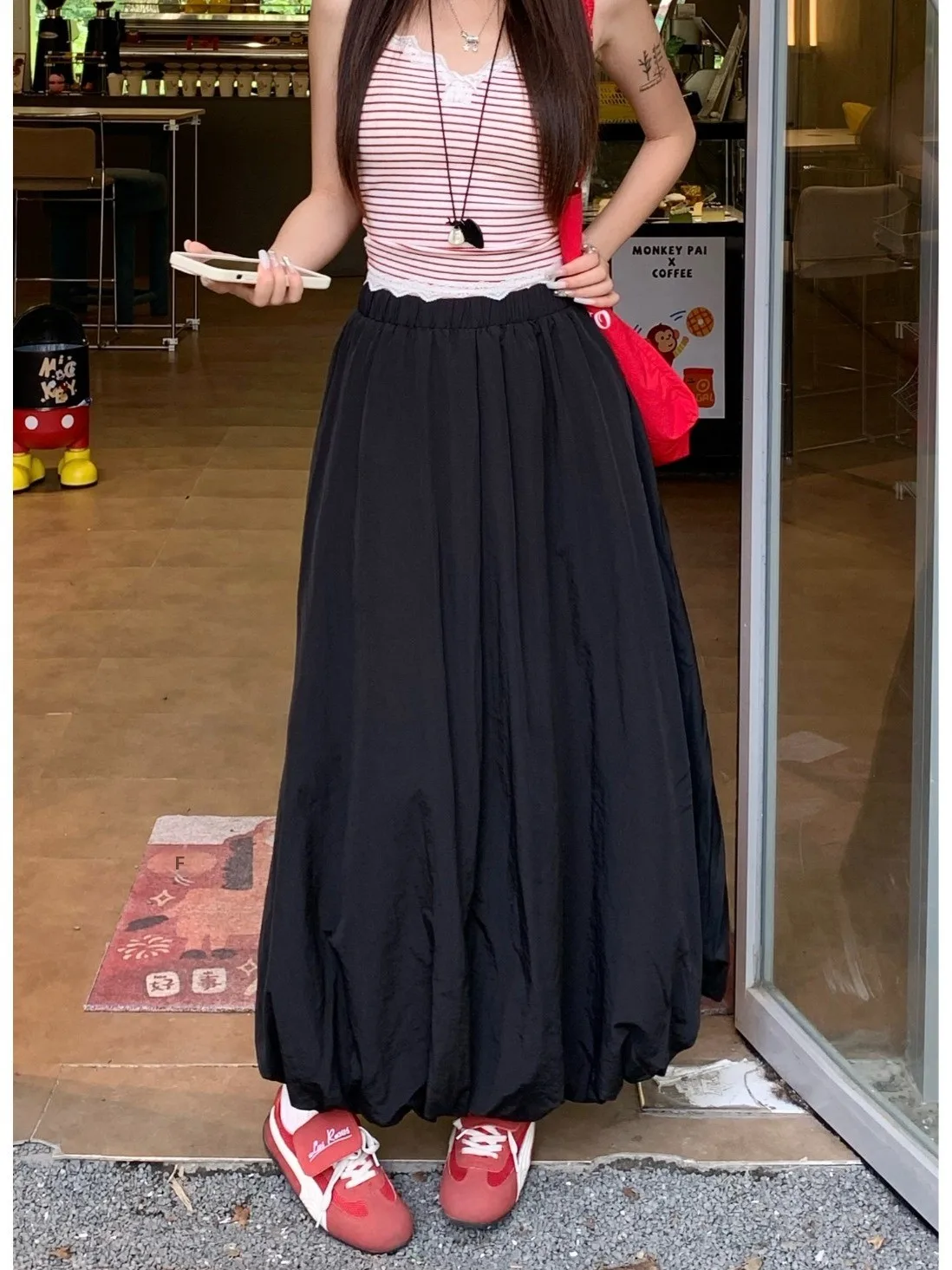 White Puffy Flower Bud Skirt Women's Summer New Elastic Waist Draped A-Line  Midi Skirt Small Size Umbrella Skirt