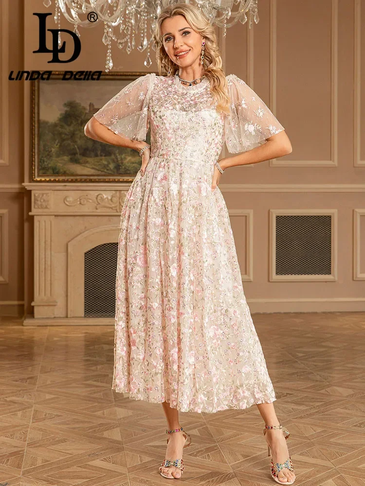 LD LINDA DELLA 2025 Spring/Summer New Women's Short sleeved Embroidered Flower Mesh Wooden Ear End Dress Long Skirt Dress