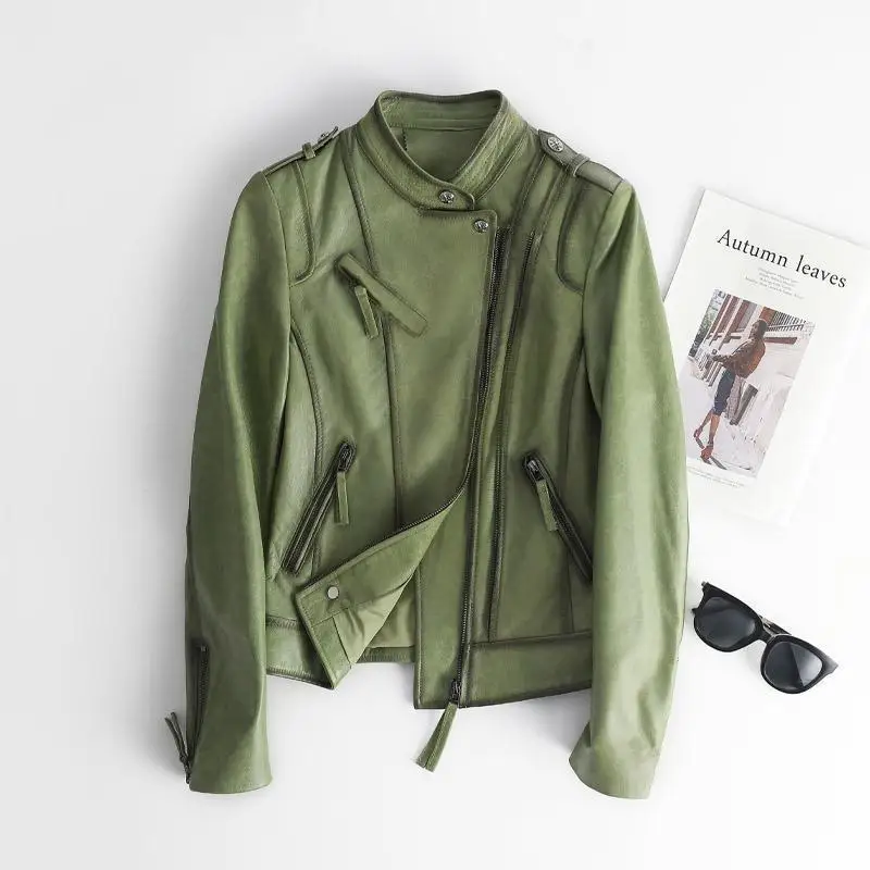 

Genuine leather jacket, women's new jacket, slim fit, high street motorcycle stand collar, short green jacket trend