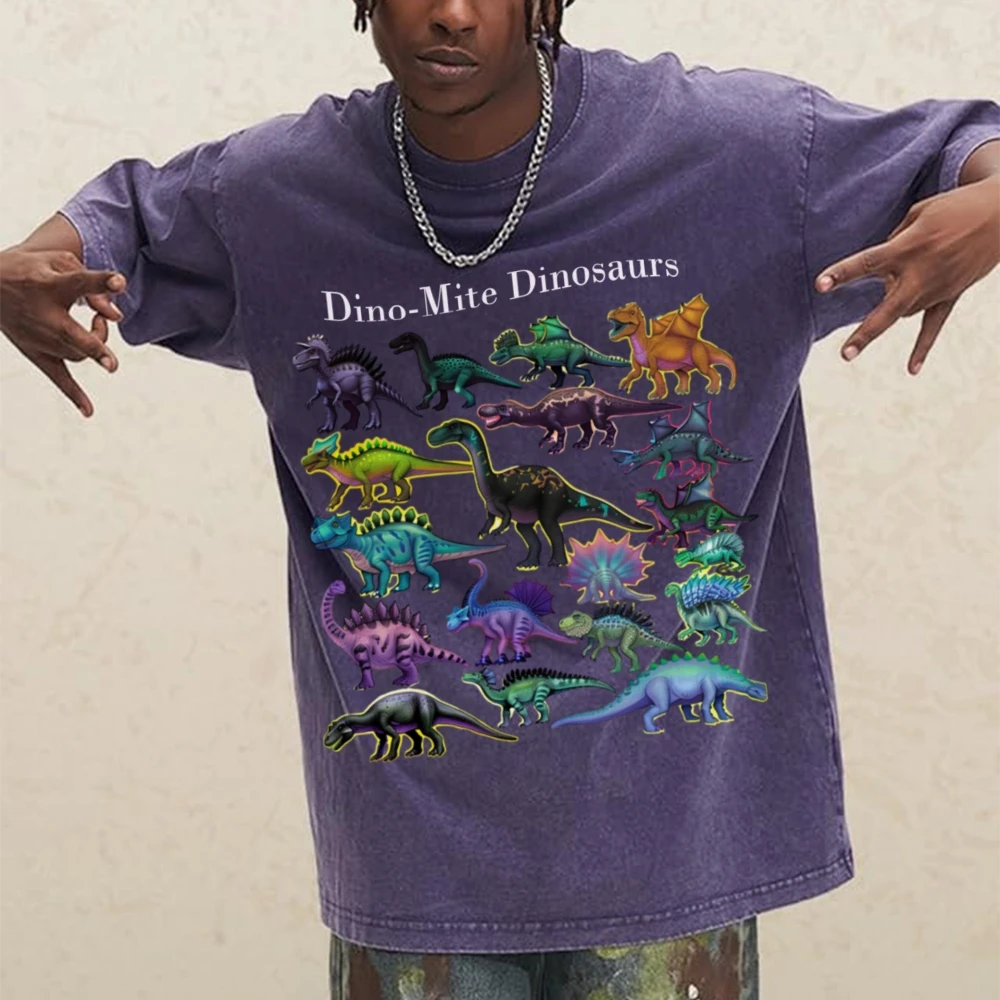 Dinosaur Graphic Print T Shirt 90s Vintage Unisex Washed Old T-shirt Hip Hop Streetwear Trendy Cotton Loose Short Sleeve