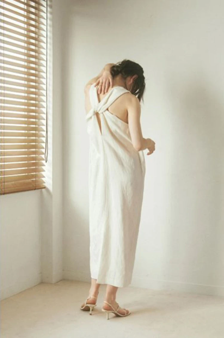 

Elegant Cotton Linen Long Dress Back Knot Sleeveless Loose Slimming Straight Cut Spring Summer Women's Dress Casual A-Line Skirt