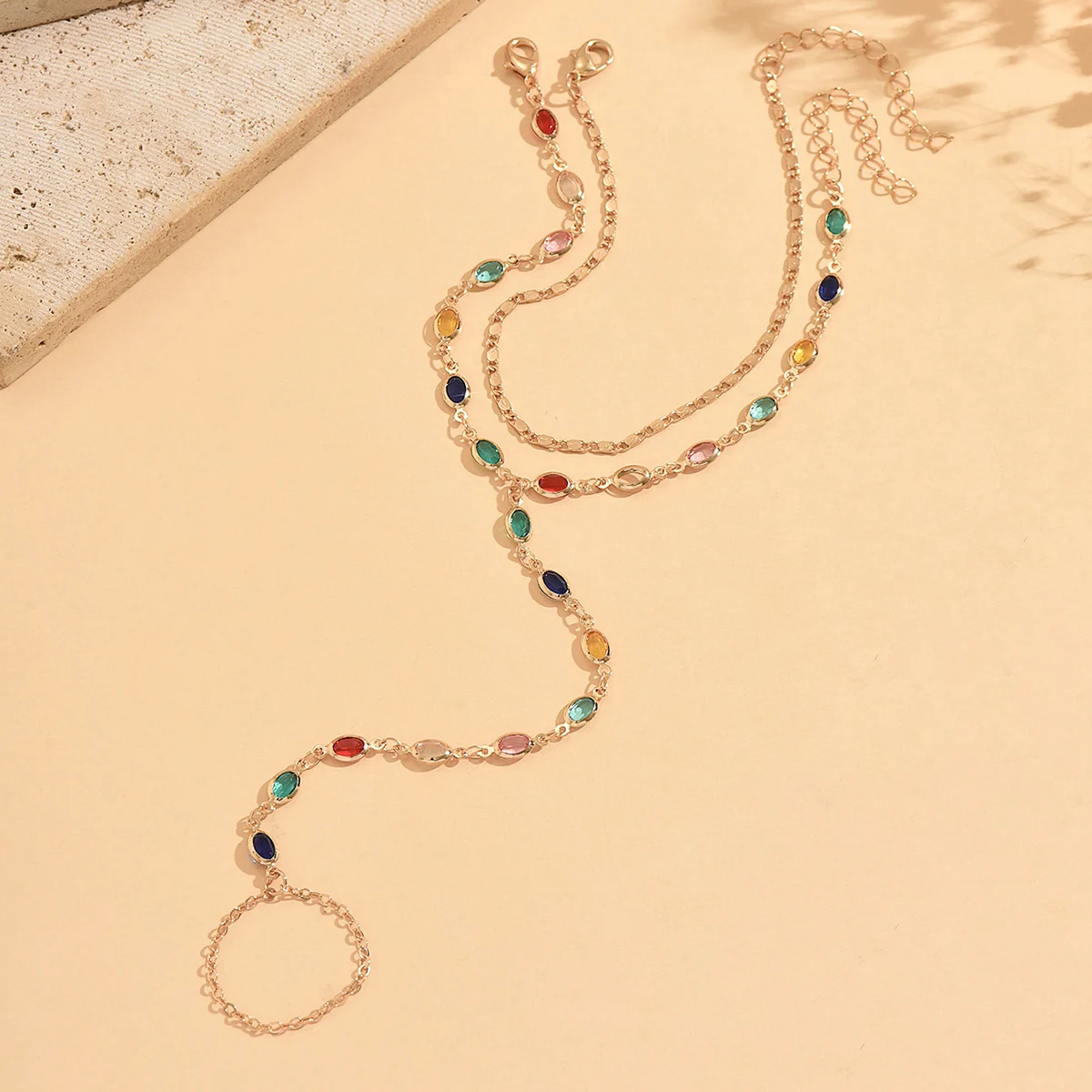 2PCS Layered Gold Toe Ring Anklet Colorful Rhinestone Dainty Boho Foot Chain Summer Beach Vacation Jewelry for Women view 6