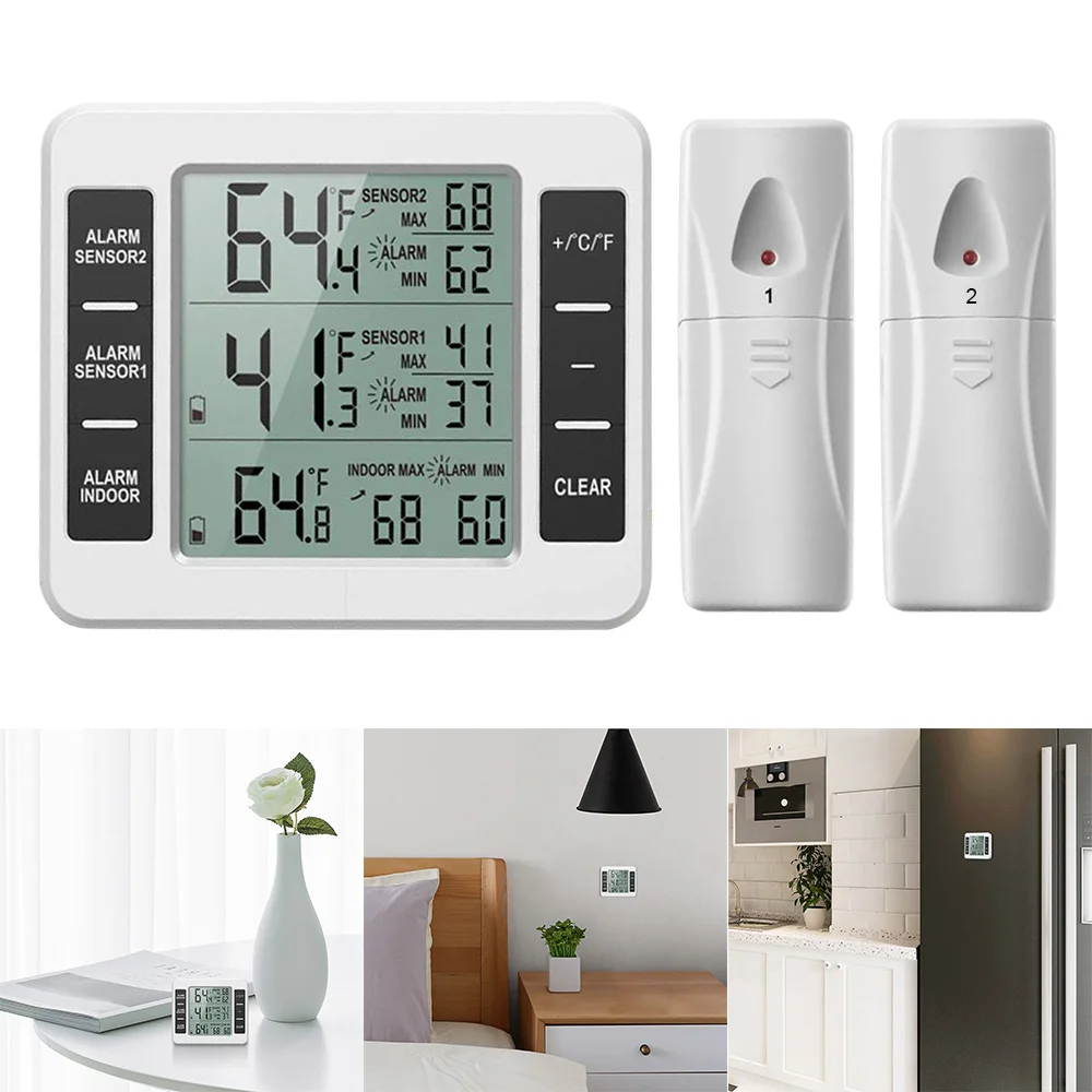 

Wireless Digital Audible Alarm Refrigerator Thermometer with 2PCS Sensor Min/Max Display Display Indoor Outdoor Thermometer