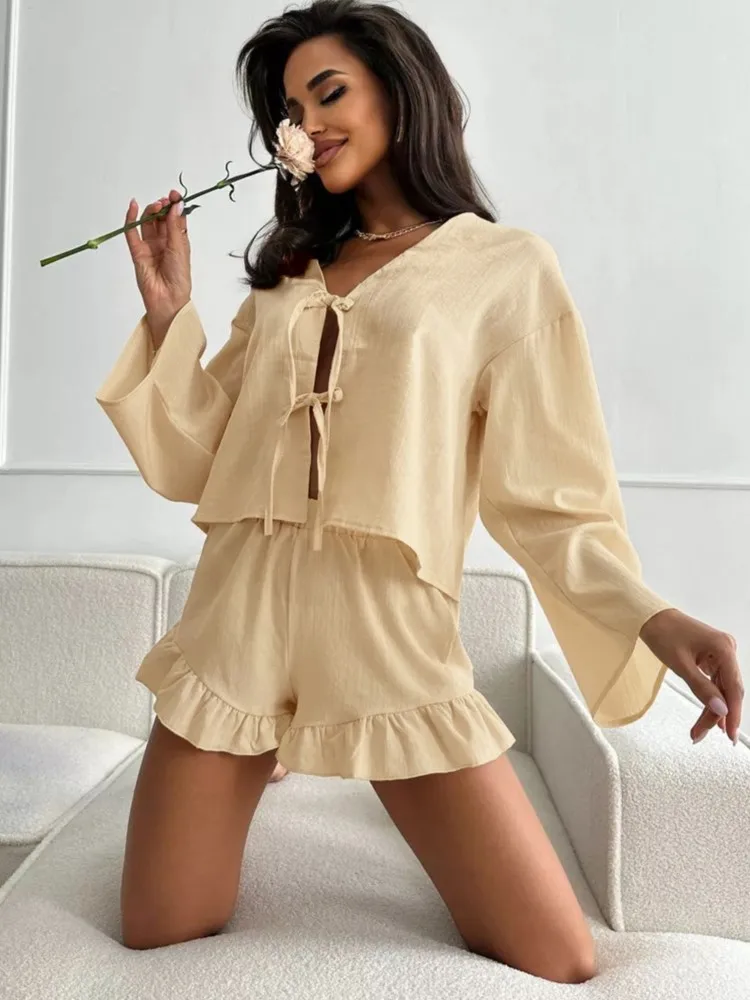 Fashion Top And Ruffle Shorts Sets Elastic Waist Shorts Two Piece Set Solid Cardigan Top Cusual Women Suit 100% Cotton Pajamas