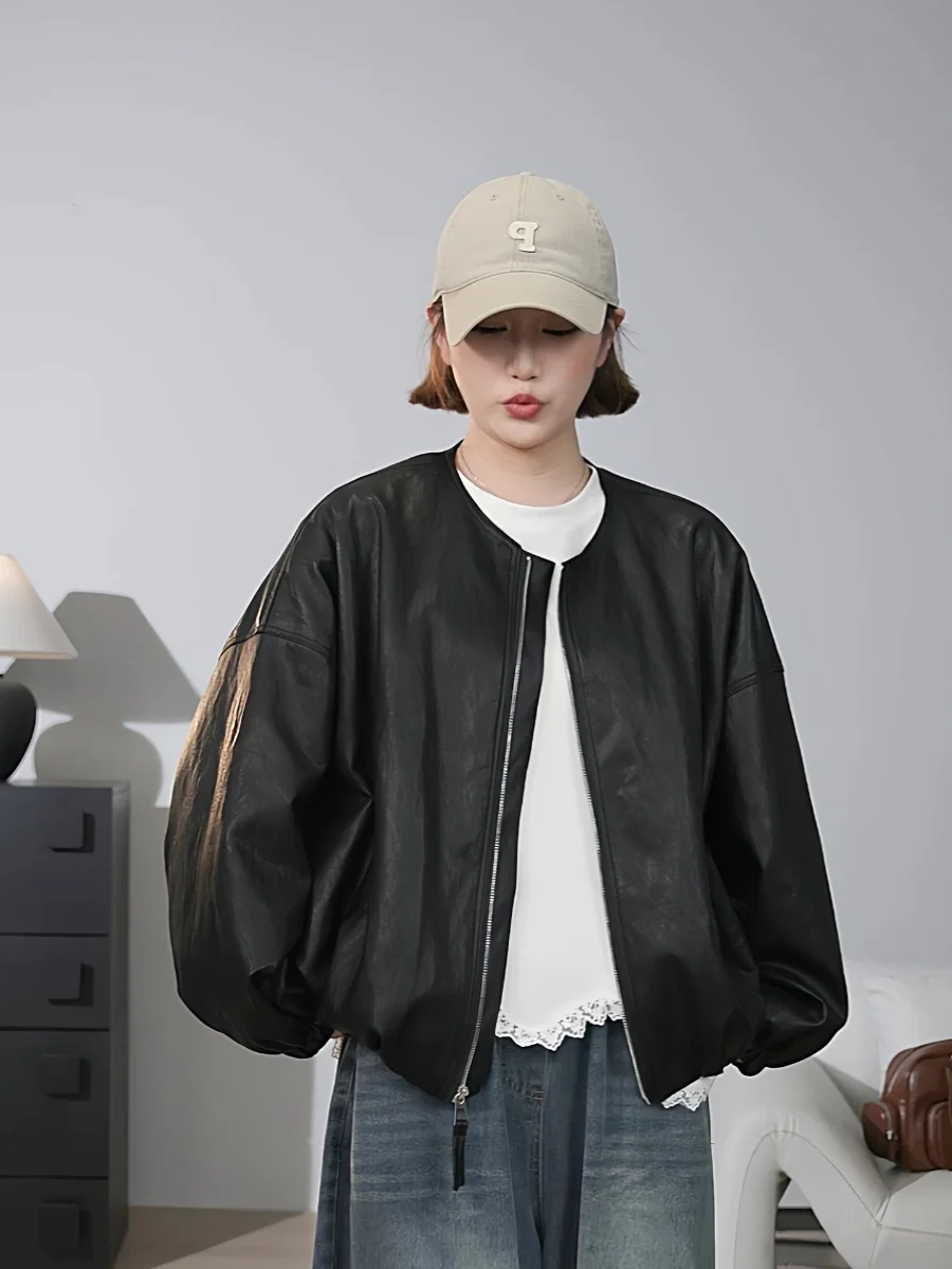 

Loose Casual PU Leather Jacket Women's round Neck Design Sensation Korean Fashion Autumn New Style Small Size Outerwear