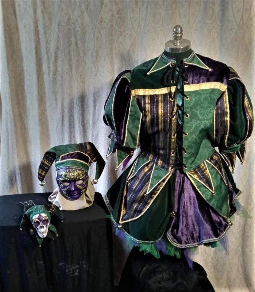 Medieval Jester Costume Dress Renaissance Jester Cosplay Costume Suit with Hat Circus Clown Costume Women Adult Festival Outfit