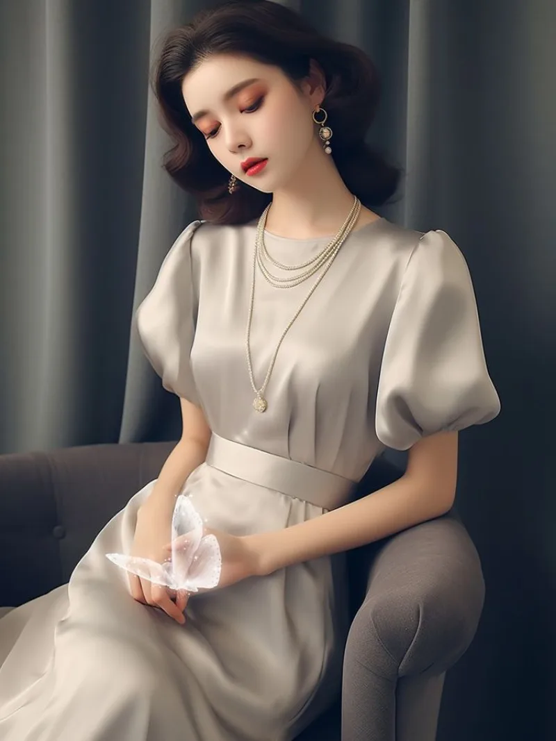 Novo vestido de cetim de luxo francês feminino verão high end elegante cintura fina manga curta o pescoço cor sólida a linha vestidos de festa