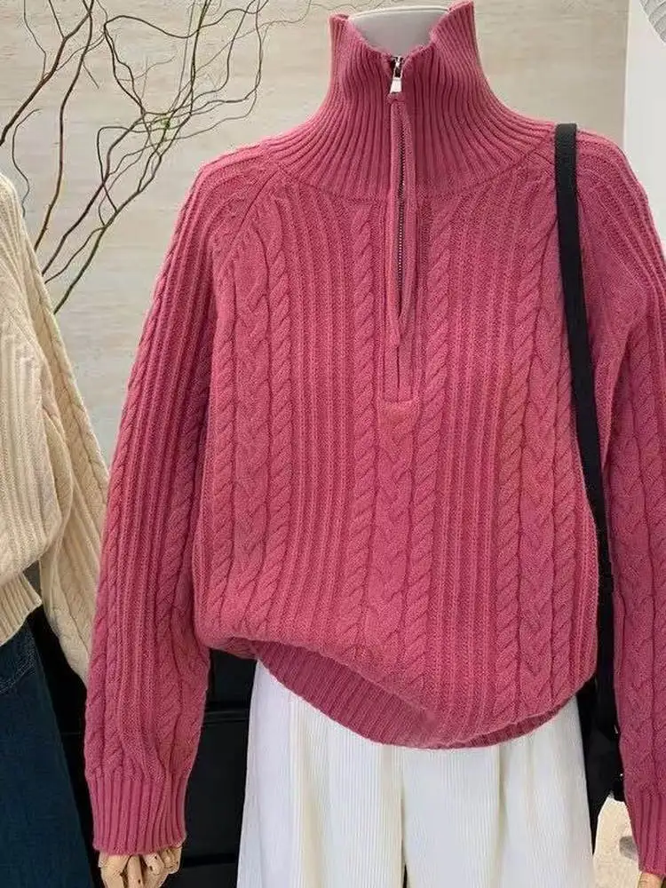 

plus Size Knitted Sweater with Zipper Design Thi High Collar Women's Faionable Vintage Sle Winter Warm Long Sve Top