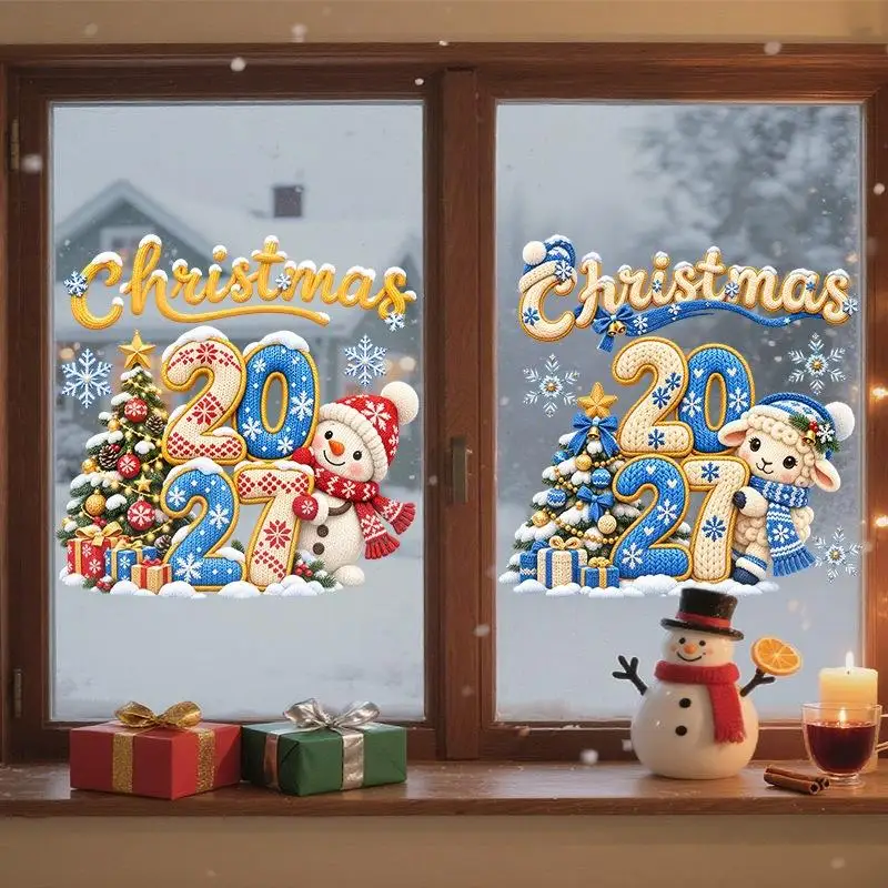 2027 Knit Sheep Window Sticker Happy New Year Stickers Cute Lamb Christmas Window Decor Home Decoration Shop Glass Xmas Ornamen
