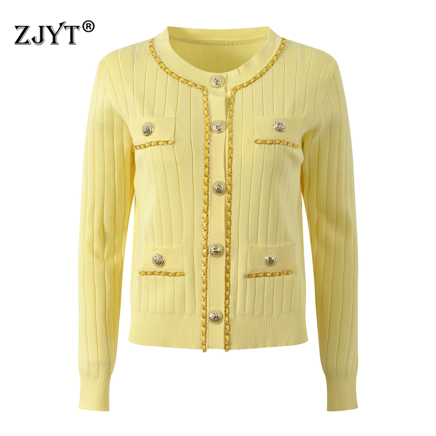 

ZJYT, осенняя новинка 2025 года, модные женские вязаные кардиганы, свитера с длинными рукавами и круглым вырезом, цепочка в стиле пэчворк, желтый трикотаж, женский трикотаж
