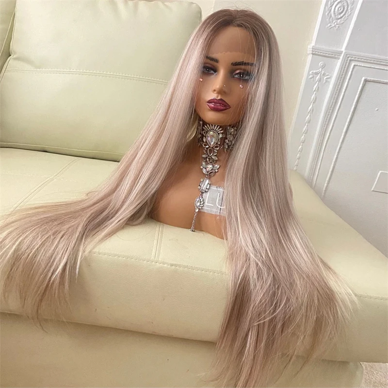 Synthetic Lace Front Wigs for Women Ombre Ash Blonde Straight Wig For Women Heat Resistant Natural Looking Middle Part Hairline