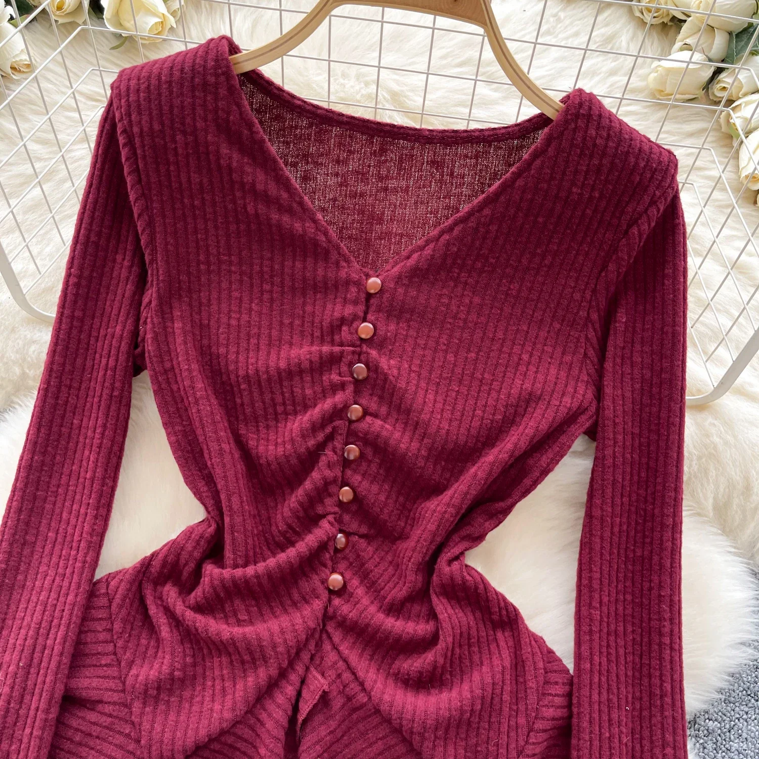 Vintage V-neck Pleated Slim Long Flare Sleeve Chic Button Top Women Korean Streetwear Casual High Street Autumn Winter Clothing