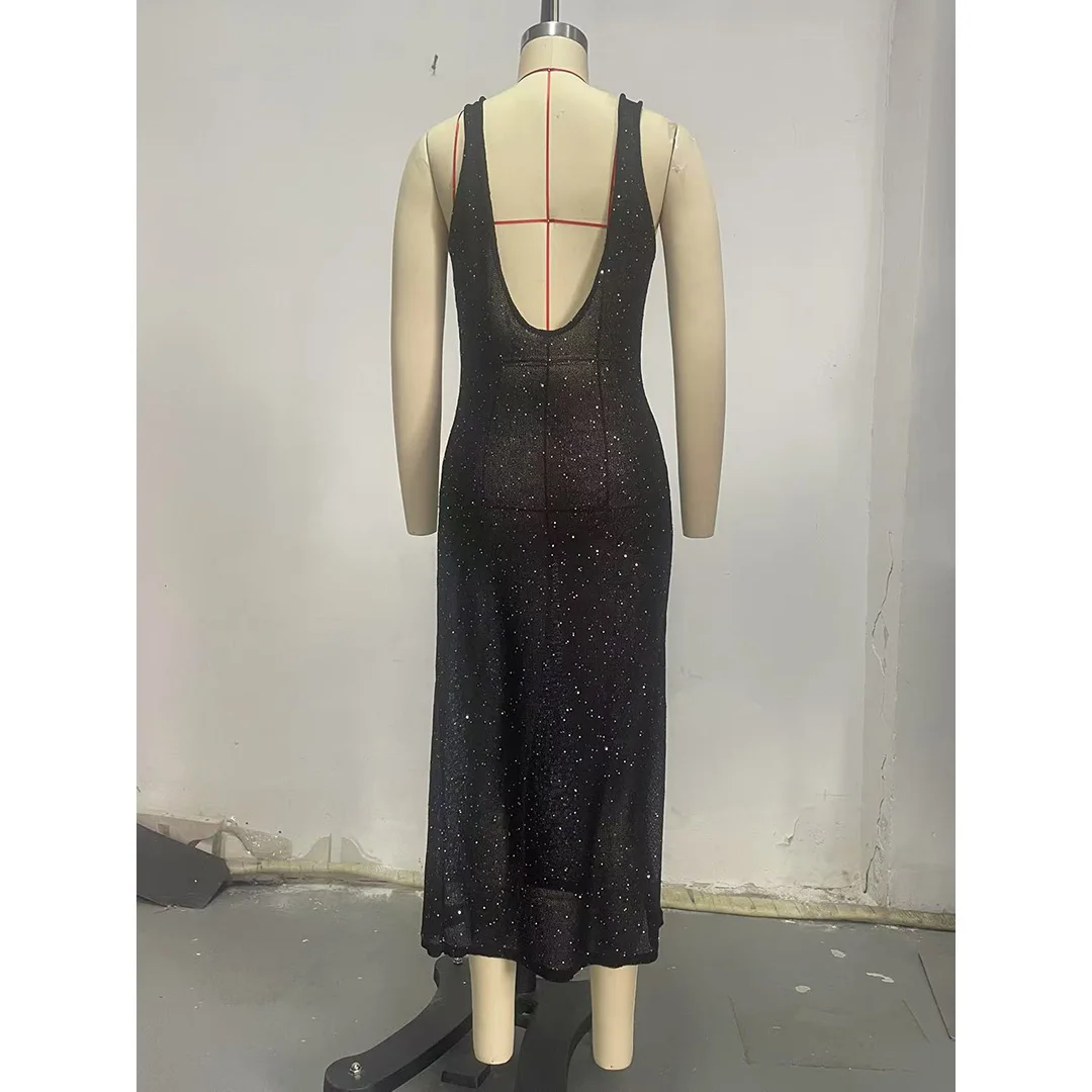 Glitzerndes, funkelndes, rückenfreies, gehäkeltes, gestricktes Tunika-Strandkleid, Strandüberwurf, Strandkleid, Strandmode, Damenmode V6795 – Detail 11