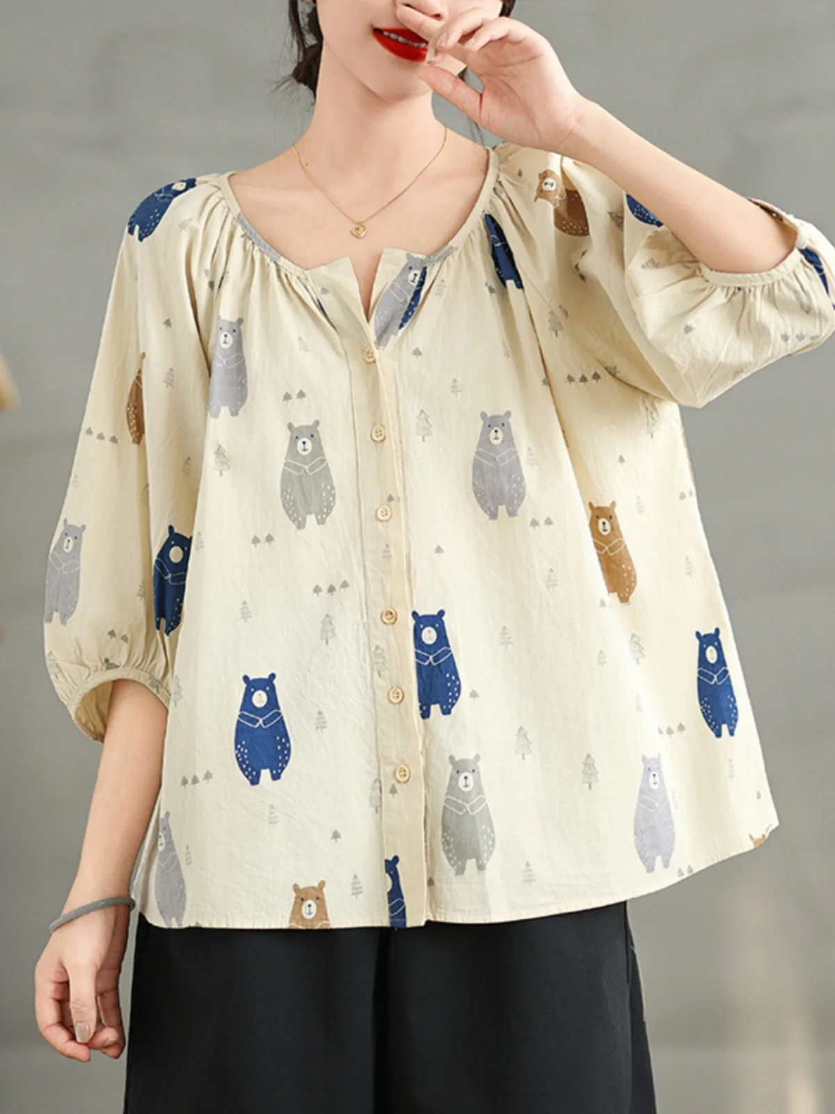 ゆったりとした綿素材のサマーニュースリーブVネックランタンスリーブベア柄フィット女性用ビジネスカジュアルファション通勤スリーブトップ