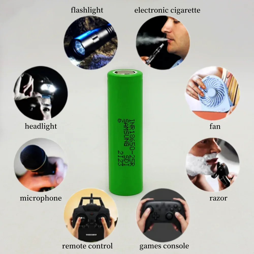 25R Lithium-Ion Battery 18650 3.7V 2000mAh Rechargeable Battery Suitable for Flashlight Remote Control Fan Toy Vehicles etc