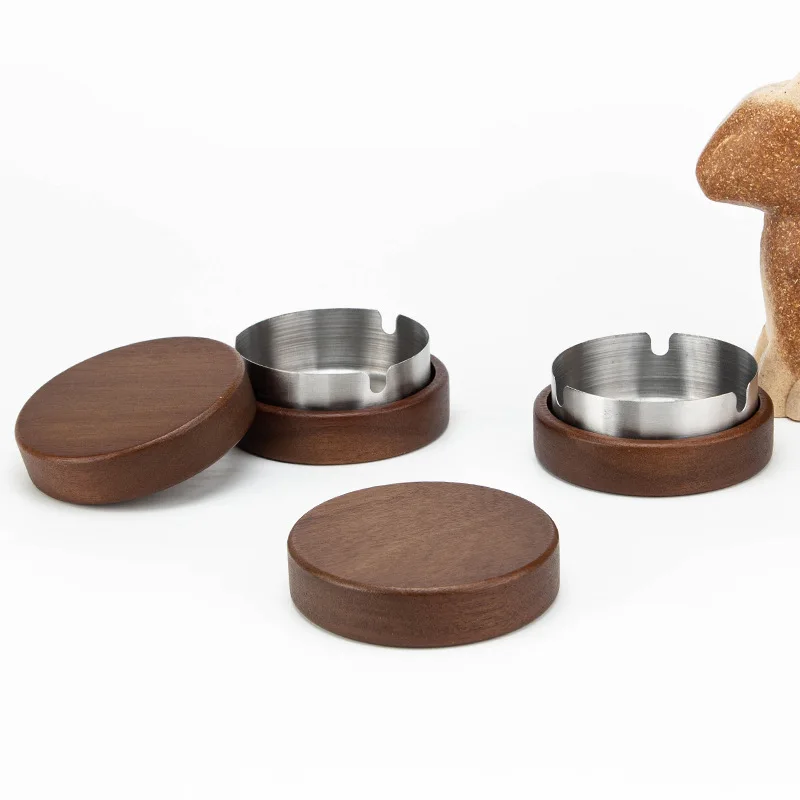 Creative Wooden Ashtray with Stainless Steel Insert  Style Minimalist Premium Home Hotel Office Decor 1 Lot