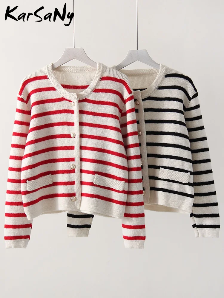 Autumn Women\'s Clothes O-neck Stripes Cardigan Knitted Coats For Woman Long Sleeve Casual Button Slim Sweater Office Lady Outfit