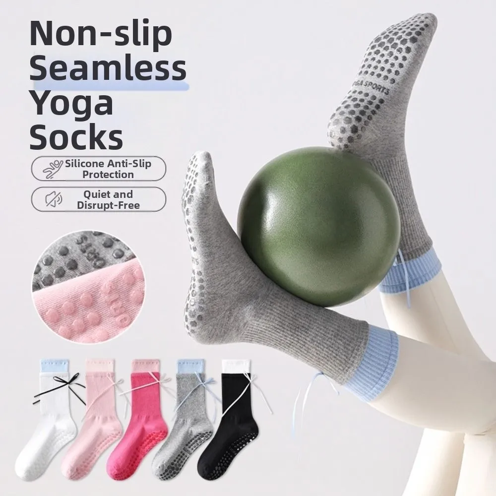 New with Ribbon Pilates Socks Cotton Harajuku Street Yoga Socks Non-Slip Grip Sweat-absorbent Double Color Socks