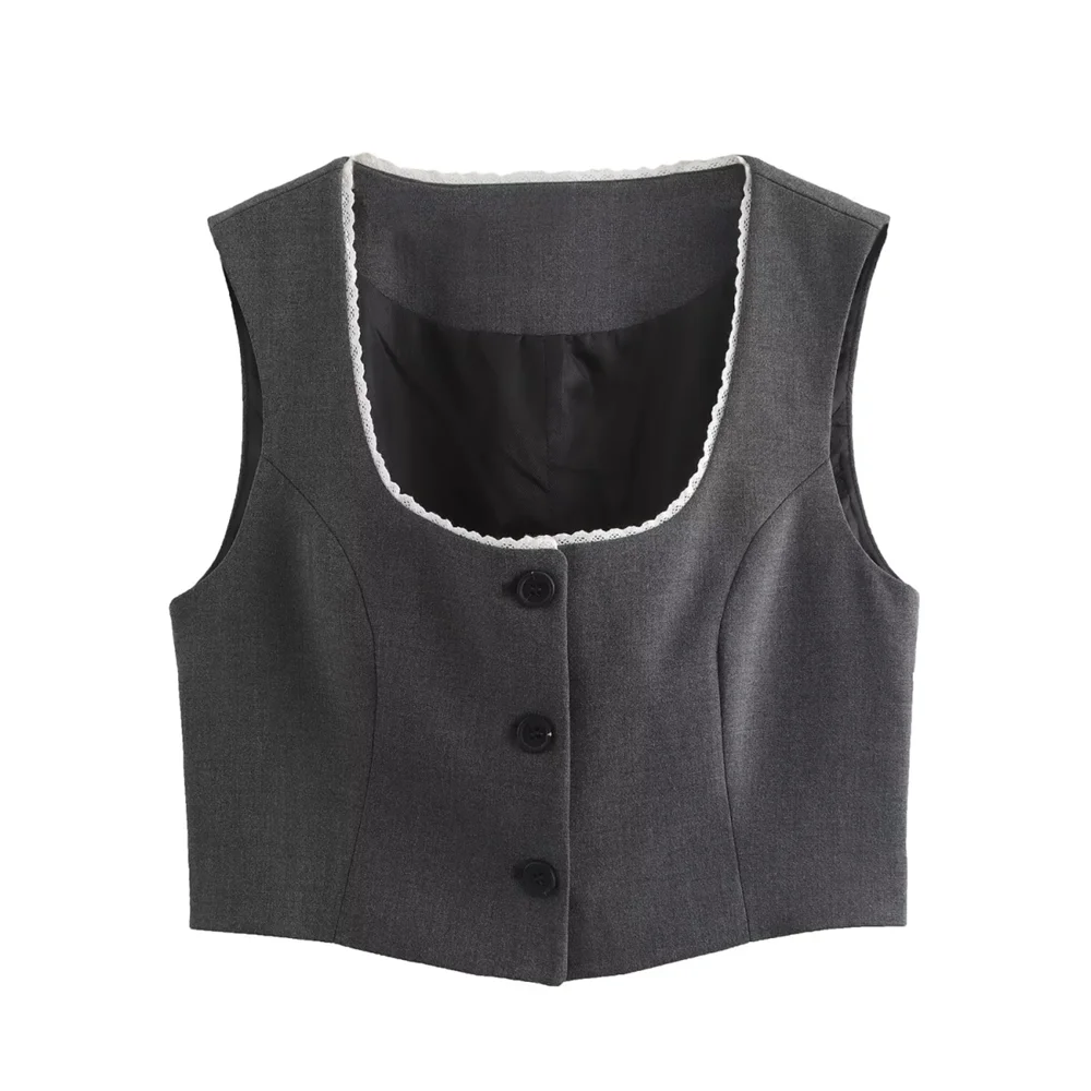 

PB&ZA2024 autumn new women's clothing temperament versatile lace decoration square neck sleeveless vest top