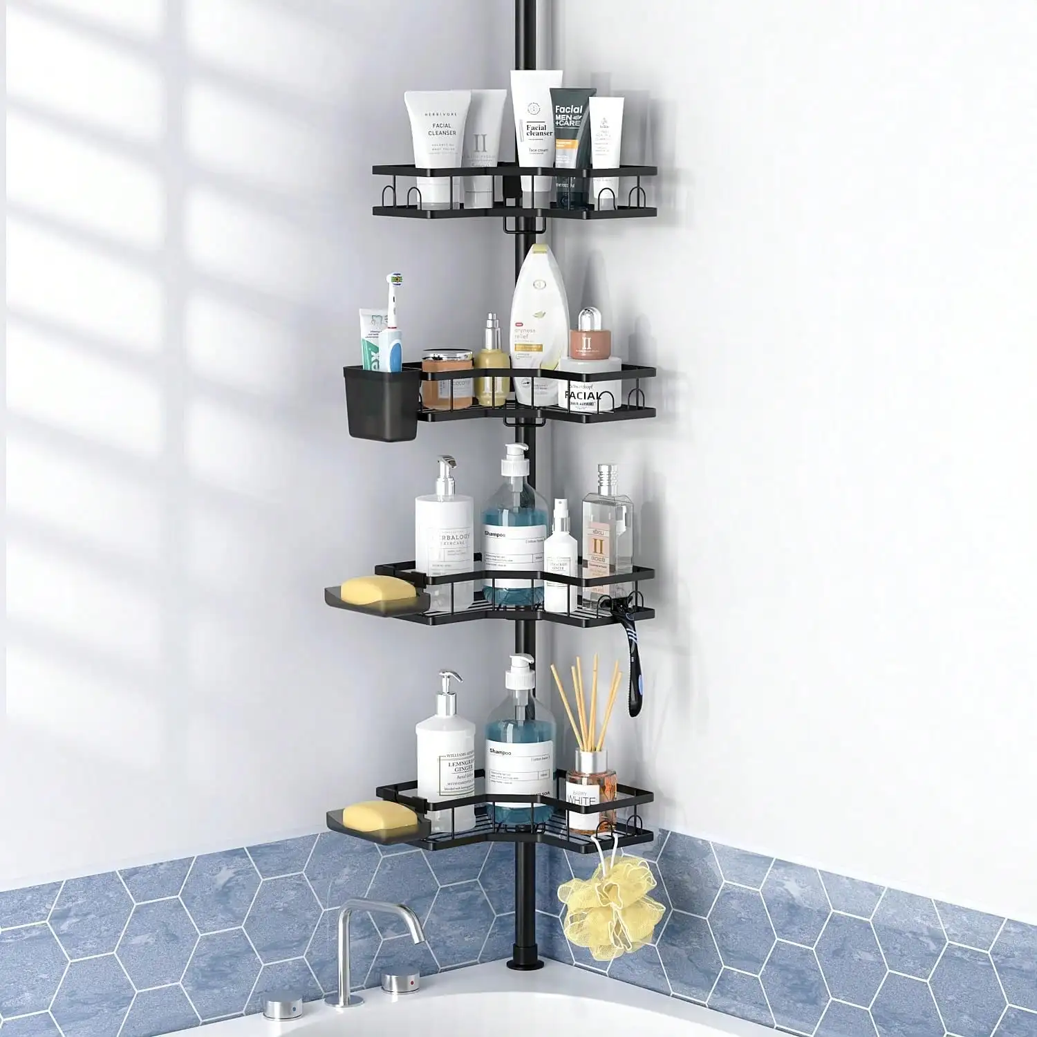 Shower Caddy With Tension Pole: 4-Tier Adjustable L-Shaped Corner Shower Organizer For Bath Essentials, 43.5 To 120 Inches, Blac
