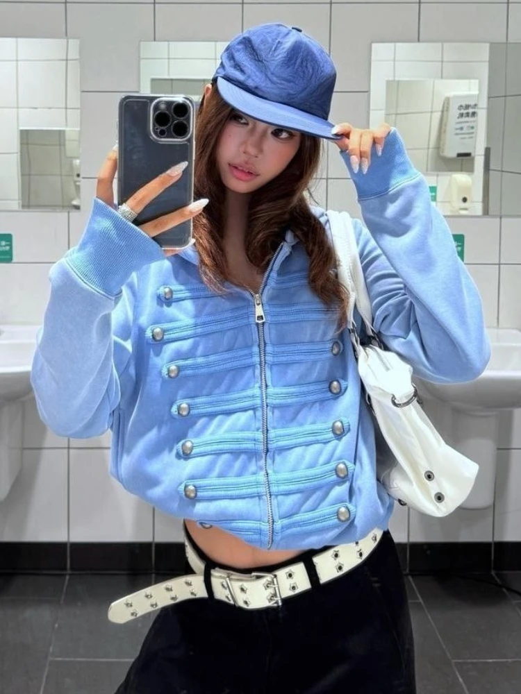 Harajuku Double-breasted Punk Casual Hoodie Y2k Aesthetic Autumn Slim Fit Zipper Hoody Women Streetwear Solid Grunge Sweatshirt