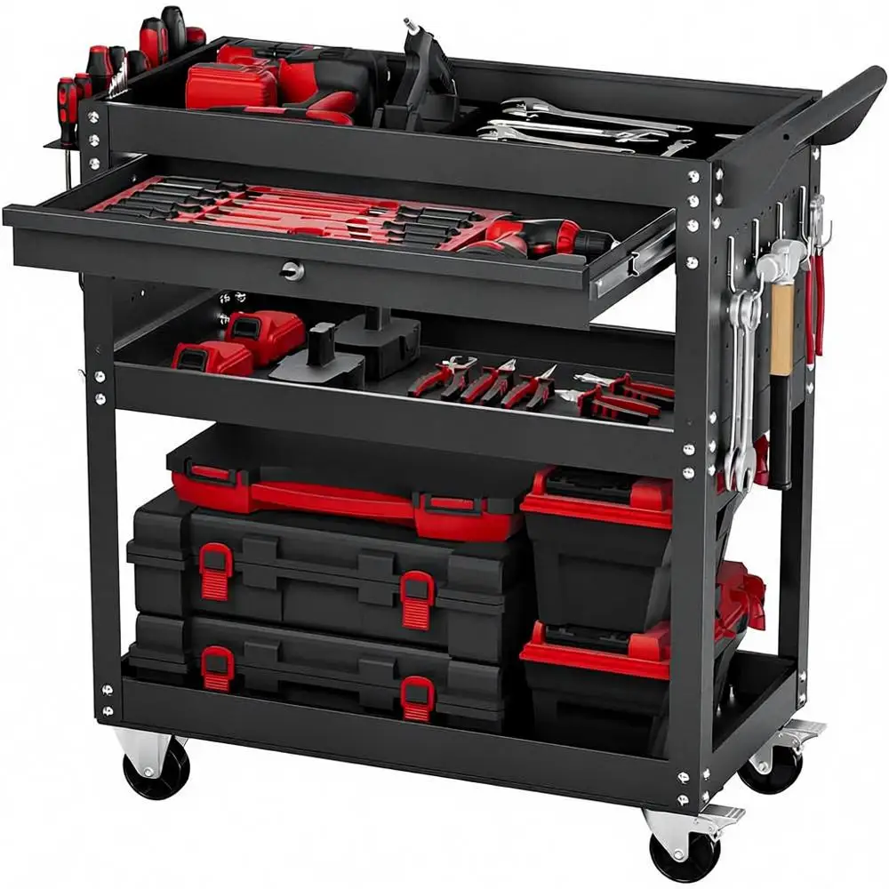 

4-Tier Rolling Tool Cart with Wheels, 350 lbs Capacity, Lockable Storage Organizer, Ideal for Workshops and Repair Shops, Black