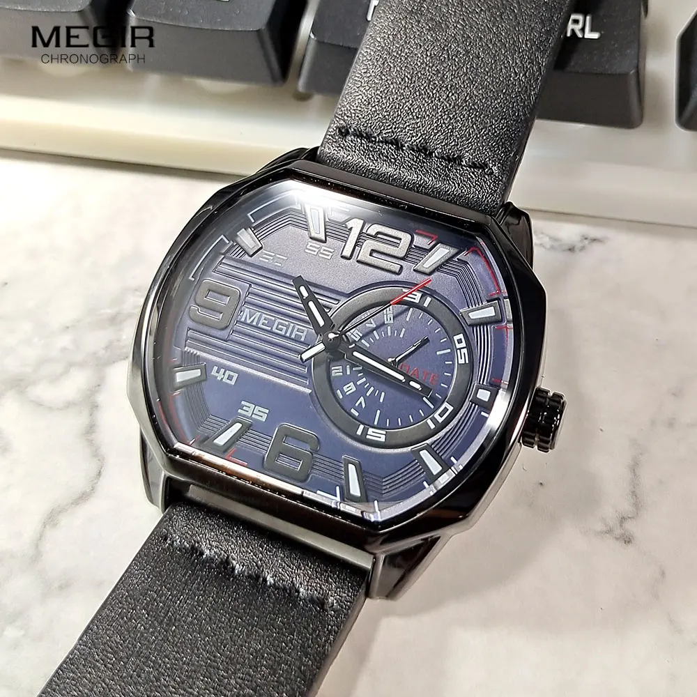 Fashion Megir Brand Casual Sport Watches Men Leather Quartz Watch With Auto Date Luminous Hands Waterproof Octagon Wristwatch