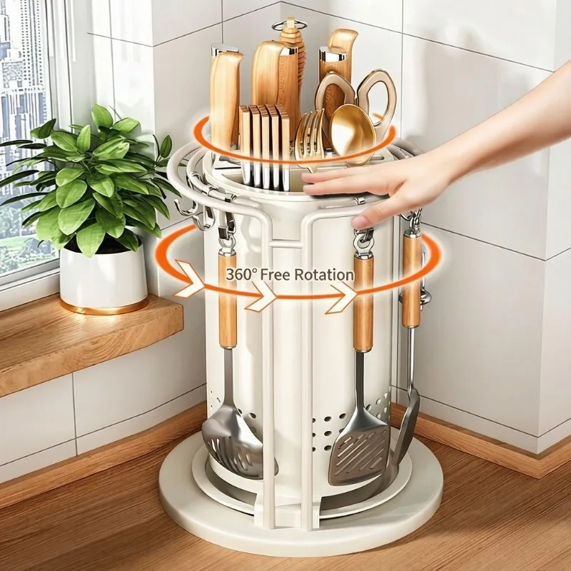 360°Rotating Kitchen Knife Rack Integrated Spoon Chopstick Holder Multifunctional Storage Box