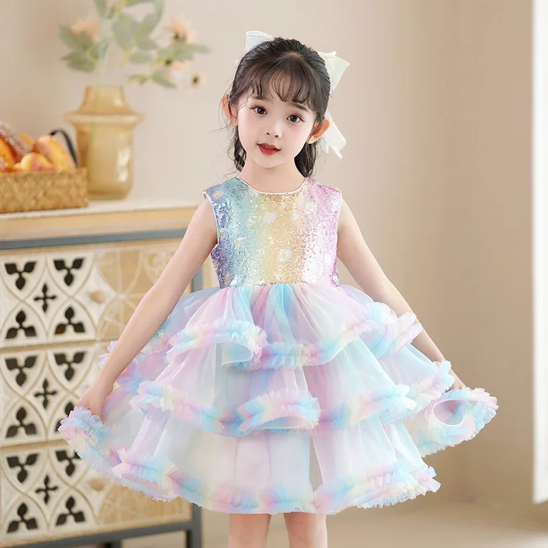 Girls Princess Spanish Child's Party Birthday Dress For 2 5 To 8 12 Years Old Young Flower Girl Pink Tulle Dress Female Clothes