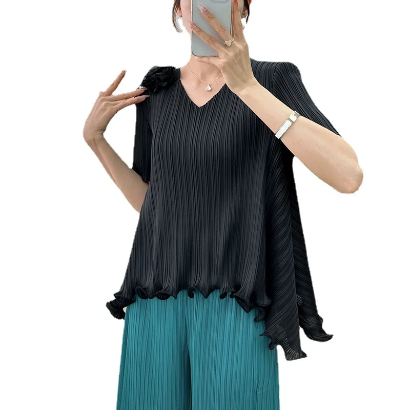 Miyake Style Pleated Top Women 2024 Summer High Elastic Large Size Flower Slimming Temperament V-neck T-shirt Bottoming Shirt