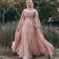 Blush Chiffon Prom Dresses for Hijab Women High Neck Long Sleeve Floor Length A Line Pleats Muslim Evening Party Gown Customized