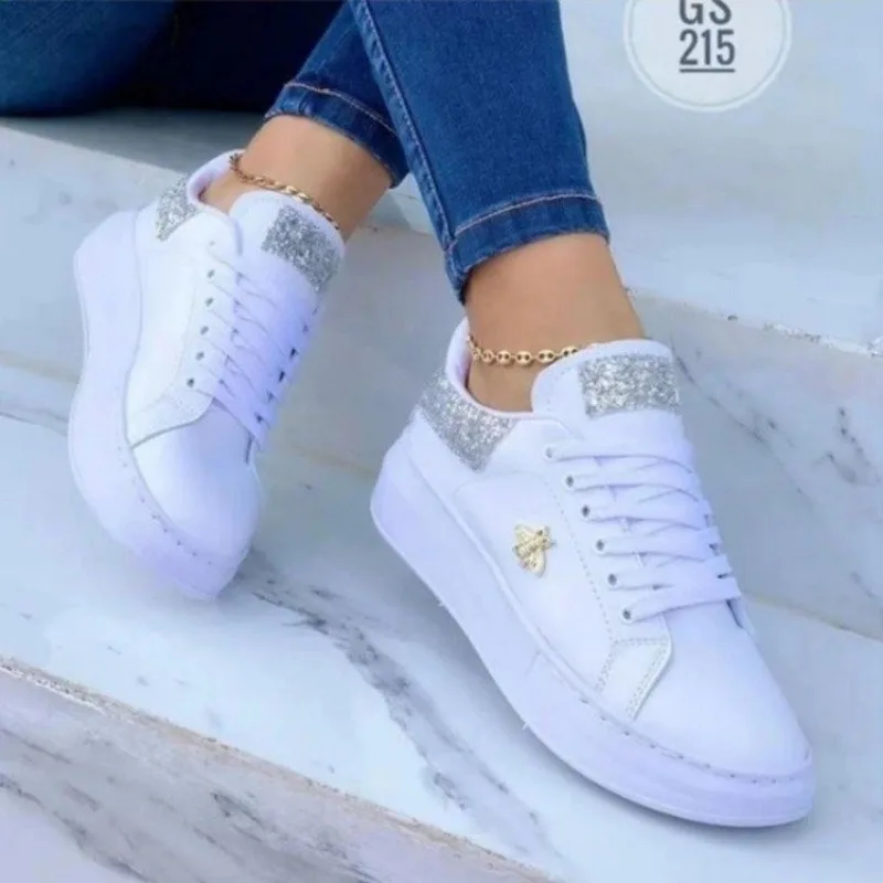 Women Casual Shoes Fashion Butterfly Decor Leather Lace-Up Round Head Sneakers Platform Ladies Vulcanized Shoes Female Footwear