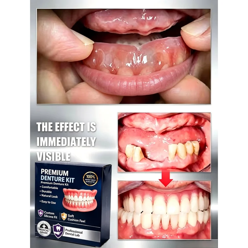 Premium Temporary Denture Kit, Medical‑Grade Silicone False Teeth, Comfort Custom Fit for Missing Teeth Restoration JJ3848