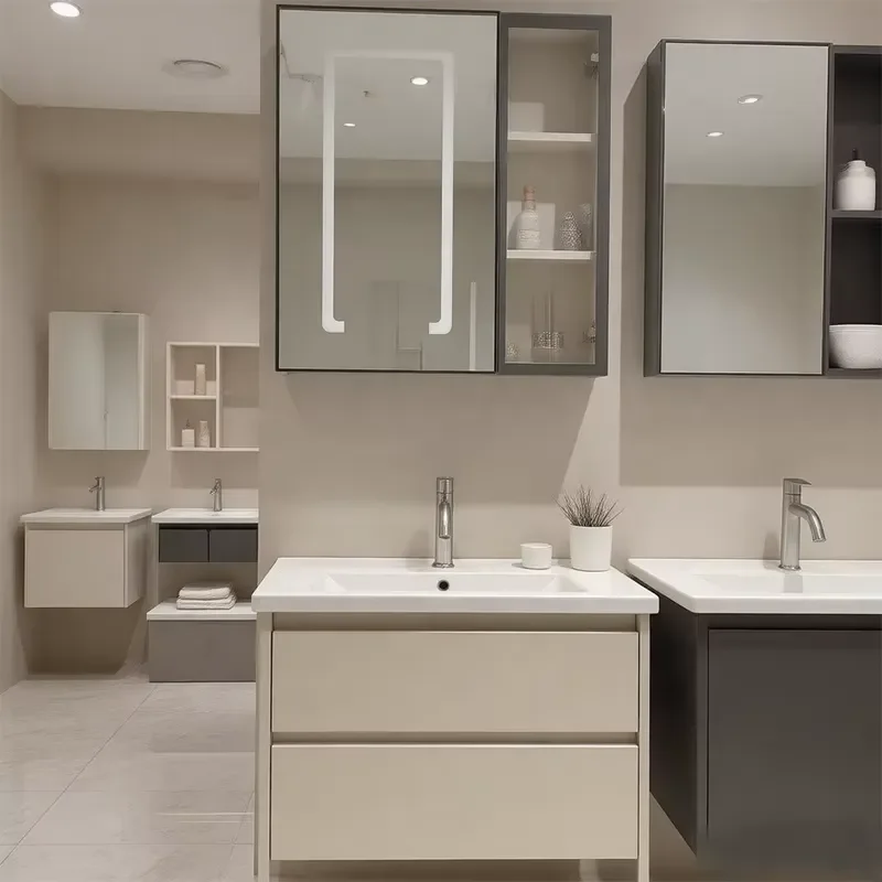 Cream Grey Vanity: Multi-Layer Solid Wood Unpainted Board | Ceramic Basin, Double-Drawer Cabinet, Smart Mirror Cabinet