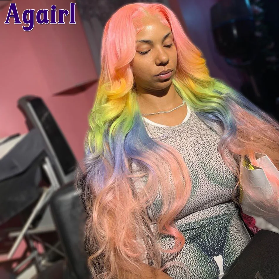 Perruque Lace Front Wig Body Wave brésilienne naturelle, cheveux humains, 13x6, 13x4, couleur ombré rose vert bleu 200%, pre-plucked, 613