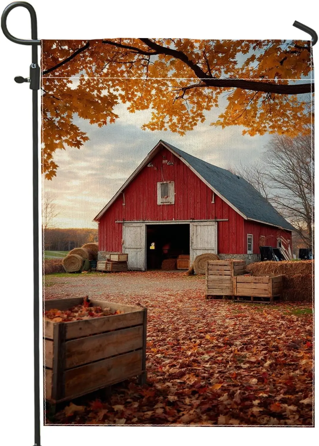 Autumn Barn Scene Garden Flag, Red Rustic Farmhouse Decor Banner, Double Sided Burlap Yard Flag Fall Outdoor Decoration 12x1 yyi