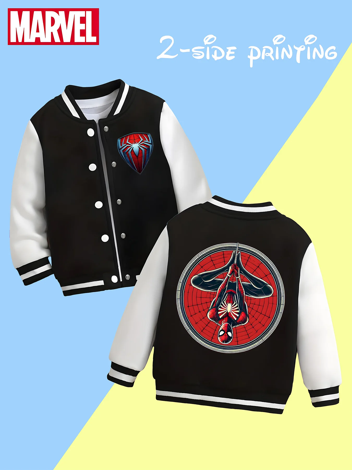 

MINISO Stylish Marvel Spider-Man Boys Baseball Jacket - Double-sided lettering print, black and white, comfortable fabric