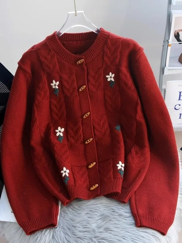 

Красный вязаный свитер в стиле ретро, пальто, женское осенне-зимнее свободное вязаное пальто с ленивым рукавом, милая модная одежда