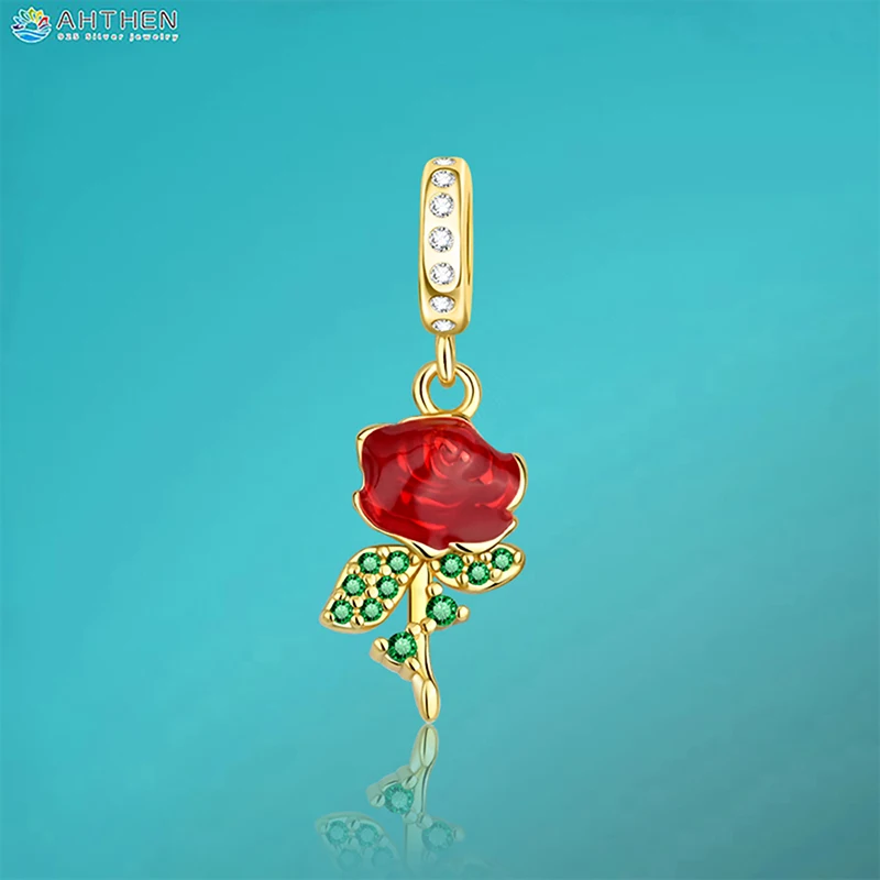 

Ahthen 925 Sterling Silver Hot Sale Beads Rose Dangle Charm fit Snake Chain Bracelets Necklaces for Women Jewelry Making